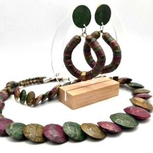 Vintage 80s Multicolor Distressed Painted Paper Bead Necklace and Earring Set